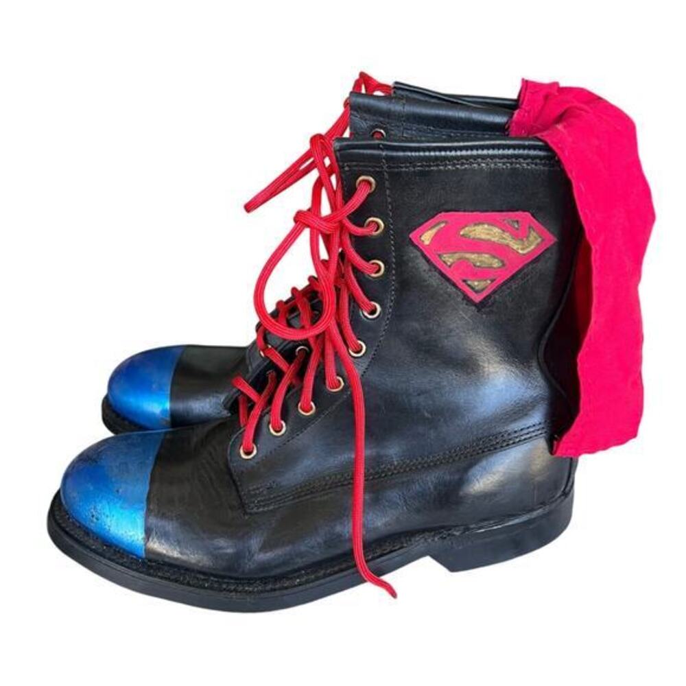 One of a kind Black Superman leather upcycled steel toe combat boots VTG Sz 9.5R